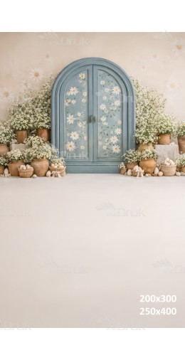 Tło fotograficzne „Błękitne drzwi wśród rumianków” | E825